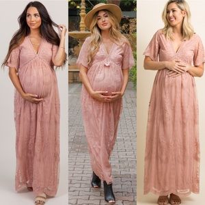 Pinkblush Mauve Pink Lace Overlay V Neck Maternity Maxi Dress